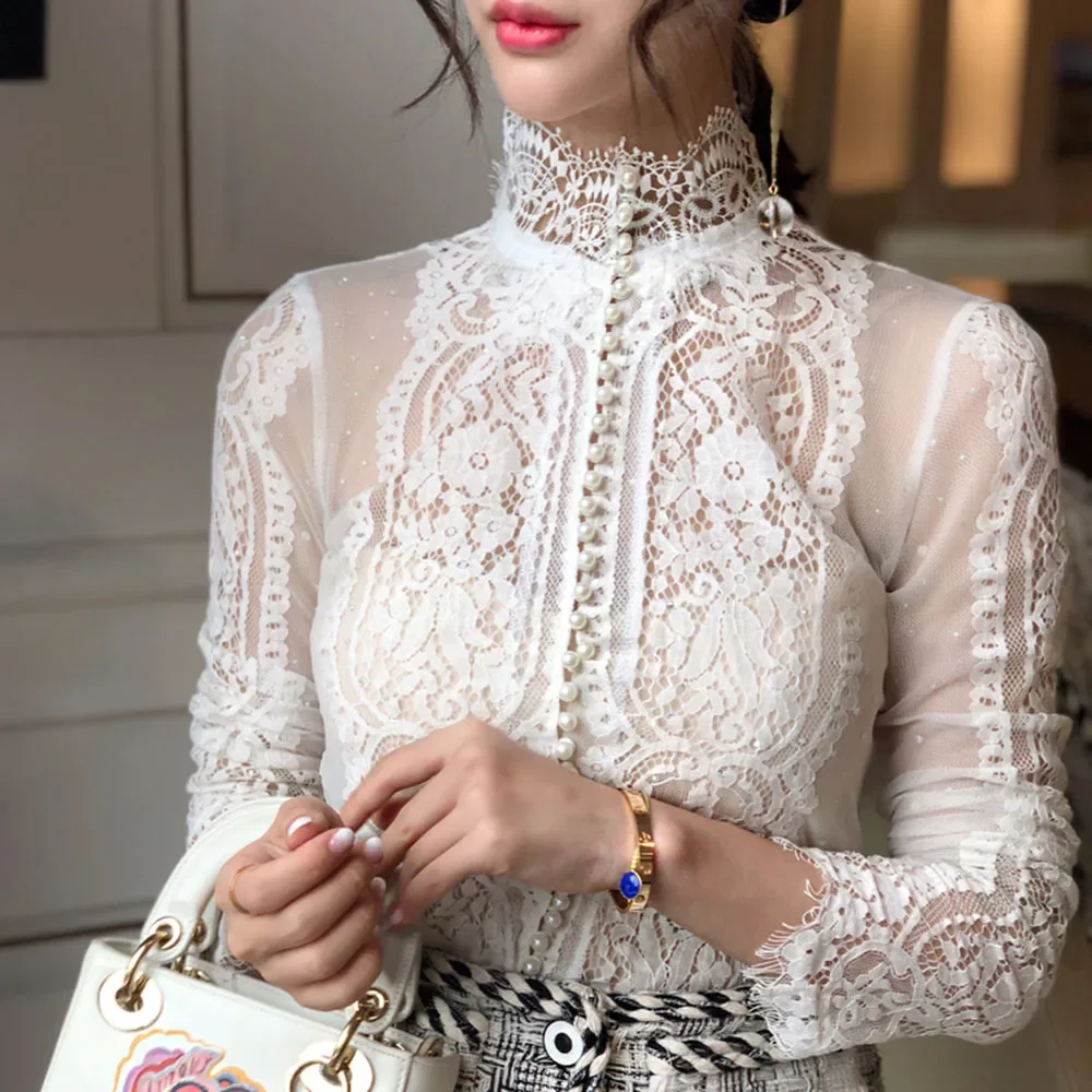 

NMZM slim fit women's shirt elegant pearl shirt women's long sleeved high necked lace shirt autumn Korean sexy hollow top