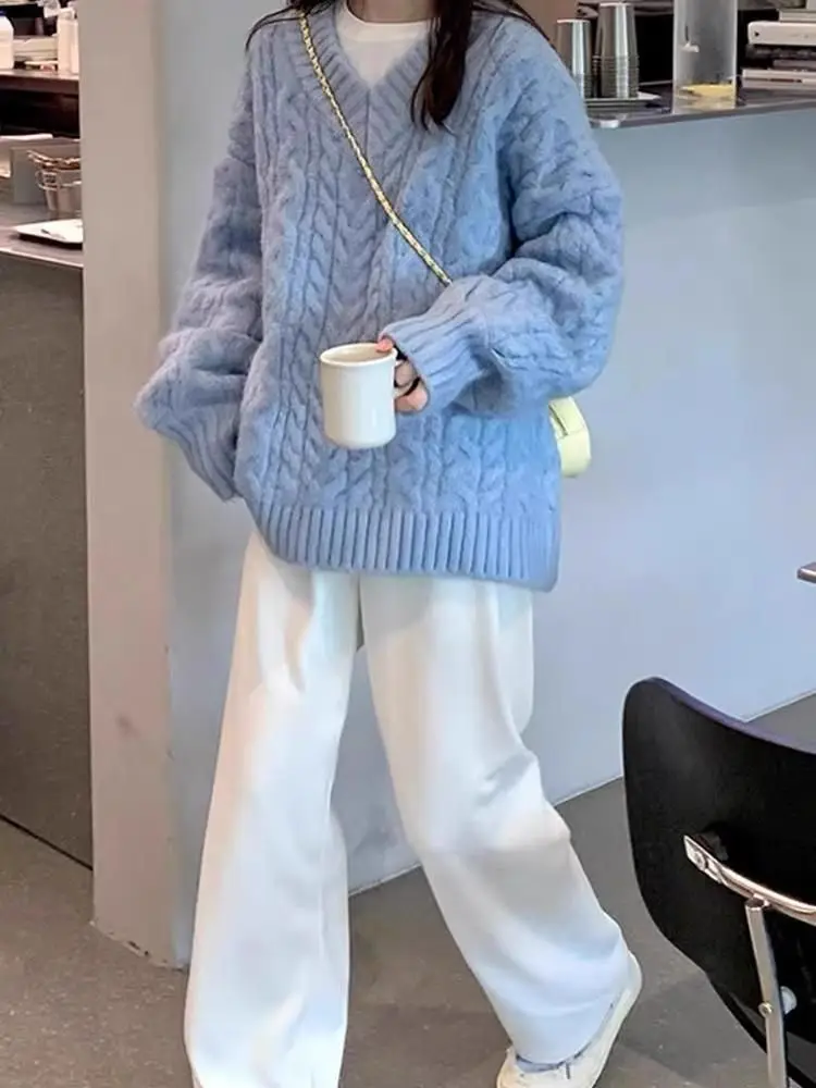 

Женский вязаный свитер Thiened V-Ne с V-образным вырезом, свободного кроя, осенне-зимняя новая модная верхняя одежда, повседневный топ в синем и розовом цветах