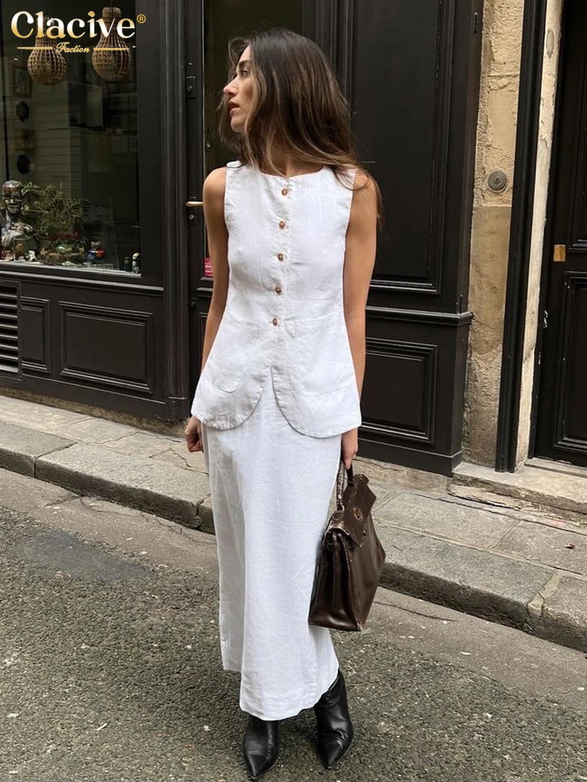 Clacive Summer Slim White Cotton Two Piece Set Women Outfit 2024 Elegant Sleeveless Tops With High Waist Long Skirts Sets Female