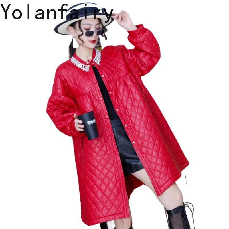 YOLANFAIRY Women Genuine Sheepskin Leather Trench Coat 2026 Winter Red Mid-length Korean Style Cotton-padded Real Leather Jacket