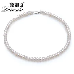Dainashi Classic 8-9mm Semi-round Natural Pearl Necklace for Women Girls Fashion 925 Sterling Silver White Pink Purple 3 Color