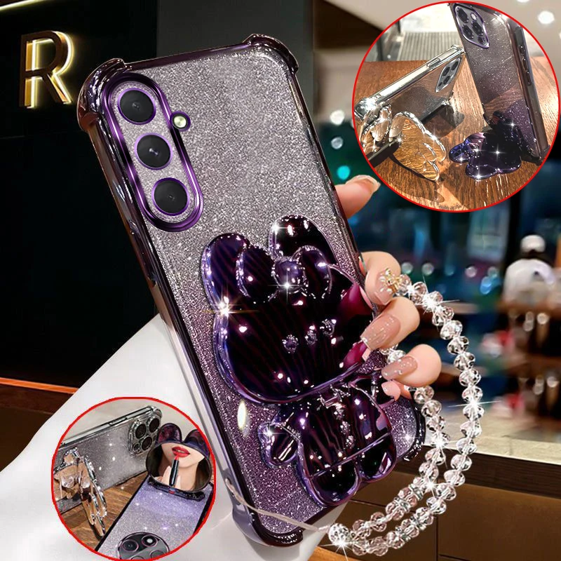 

S25 Case For Samsung Galaxy S25 S24 S23 S22 S21 Plus FE Ultra Rabbit Makeup Mirror Stand Holder with Bracelet Shockproof Cover