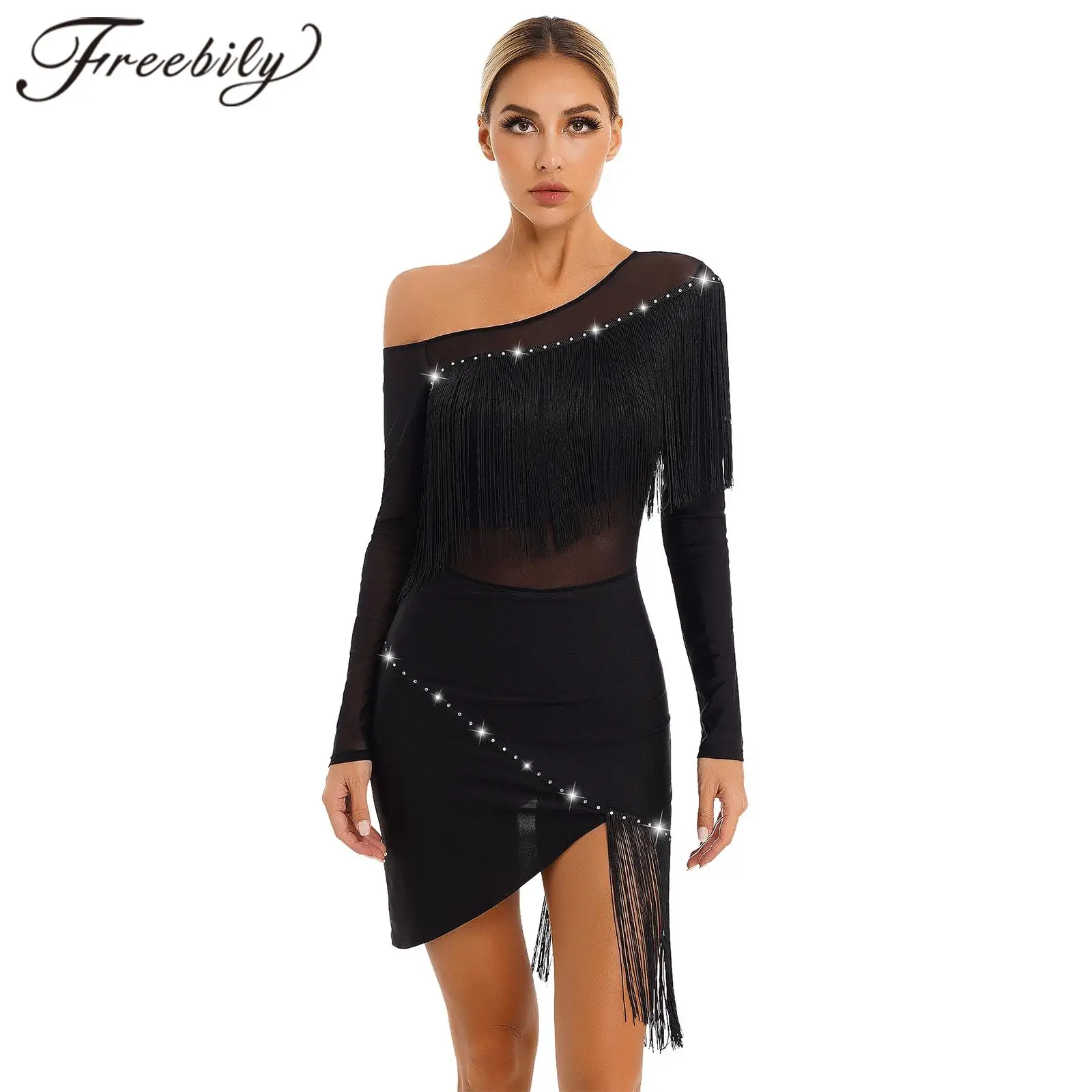 Womens Latin Dance Costume Long Sleeve Split Fringed Tango Salsa Rumba Samba Ballroom Cha Cha Dancing Dress Modern Dancewear