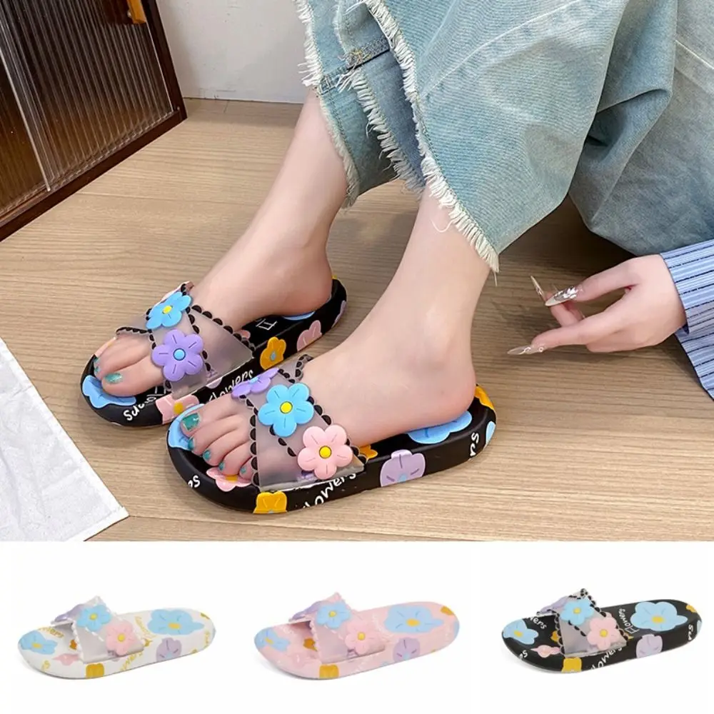

Kawaii противоскользящие тапочки на плоской подошве, обувь из ПВХ, тапочки с цветочным узором, женские мягкие шлепанцы с милыми цветами, сандалии для девочек