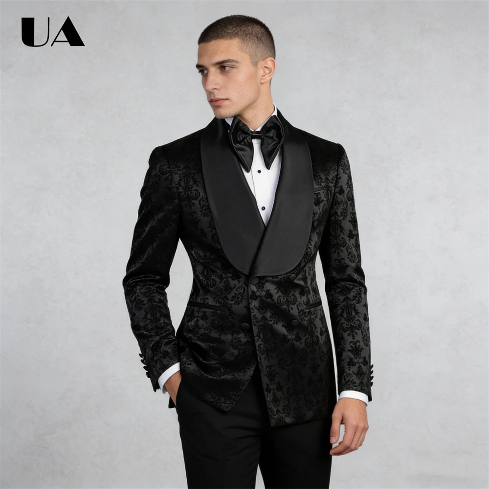 

Black Paisley Formal Suit for Men, Double Breasted Jacket with Black Pants, Elegance Suit Attire Mens Wedding Suit Tuxedo