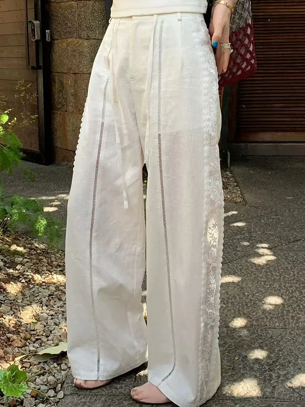 

Ele Lace Hollow out Casual Pants Women's High Waist Loose Fit Straight Leg Long Trousers for Spring Summer Faion