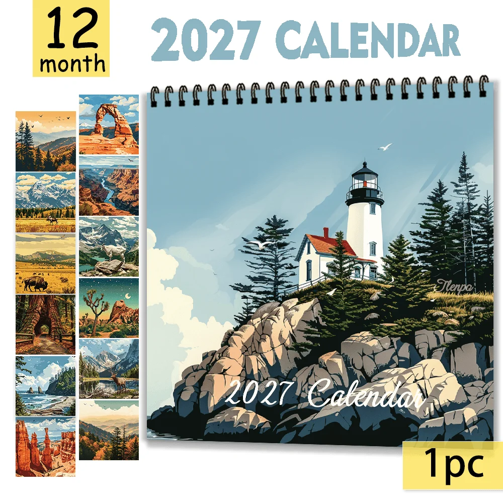 1pc 2027 Scenery LighthouseWall Calendar,12‑Month Planner,Gift For Back‑to‑School,Christmas,New Year,Free Stickers Included