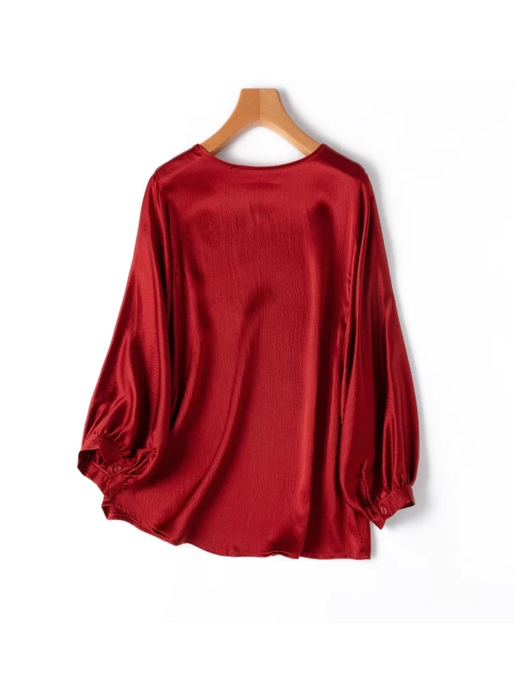 SuyaDream, Woman Blouses, 100%Real Silk, O Neck, Lantern Sleeves T Shirts, 2025 Summer Top, Wine