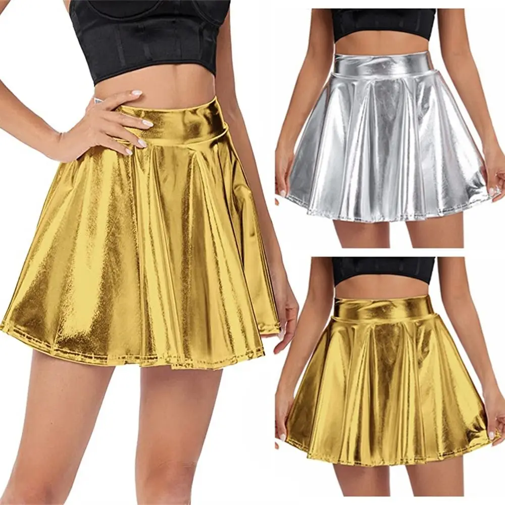 Elegant Metallic Pleated Skirt Gold Silver Flared Design Shiny Short Dress Retro Solid Color A-line Short Skirt Festival Outfit