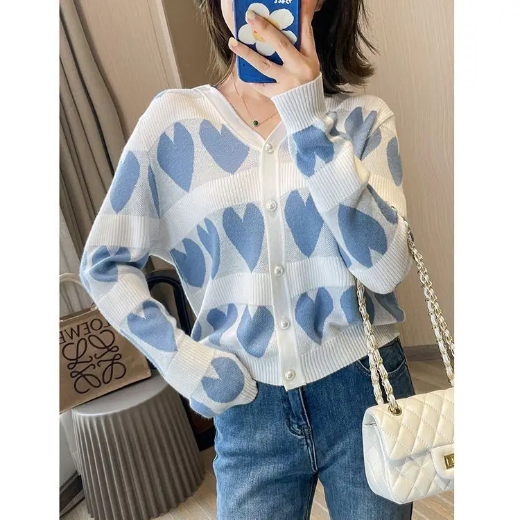 Vintage หลวม Love V คอถักเสื้อสเวตเตอร์ถักผู้หญิงฤดูใบไม้ร่วงหวานปุ่มเสื้อแขนยาวแฟชั่น All-match เสื้อถัก Tops