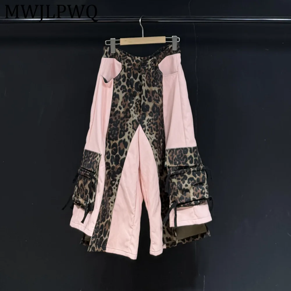

MWJLPWQ Punk Style Leopard Print Patchwork Casual Pants For Men Loose Fit Deconstructed Multi-Pocket Unisex Shorts Street 15295
