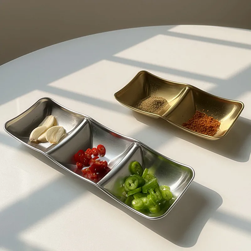 304 Stainless Steel Sauce Dish, Korean BBQ Condiment Plate 1/2/3 Grids, Hot Pot Dipping Bowl Gold
