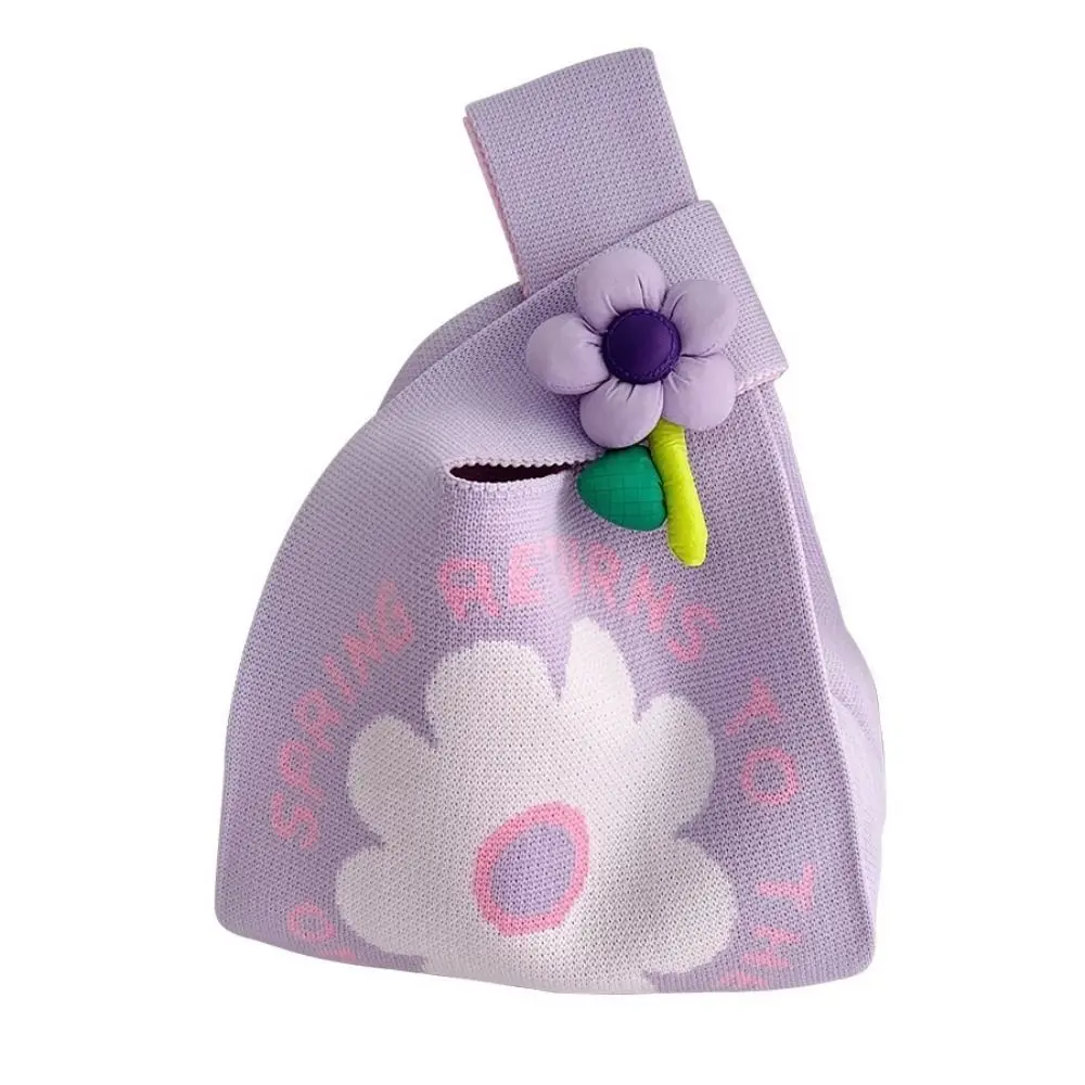 

Portable Flower Knot Wrist Bag Wool Weave Tote Bag Handbag Printed Knitted Bag Student