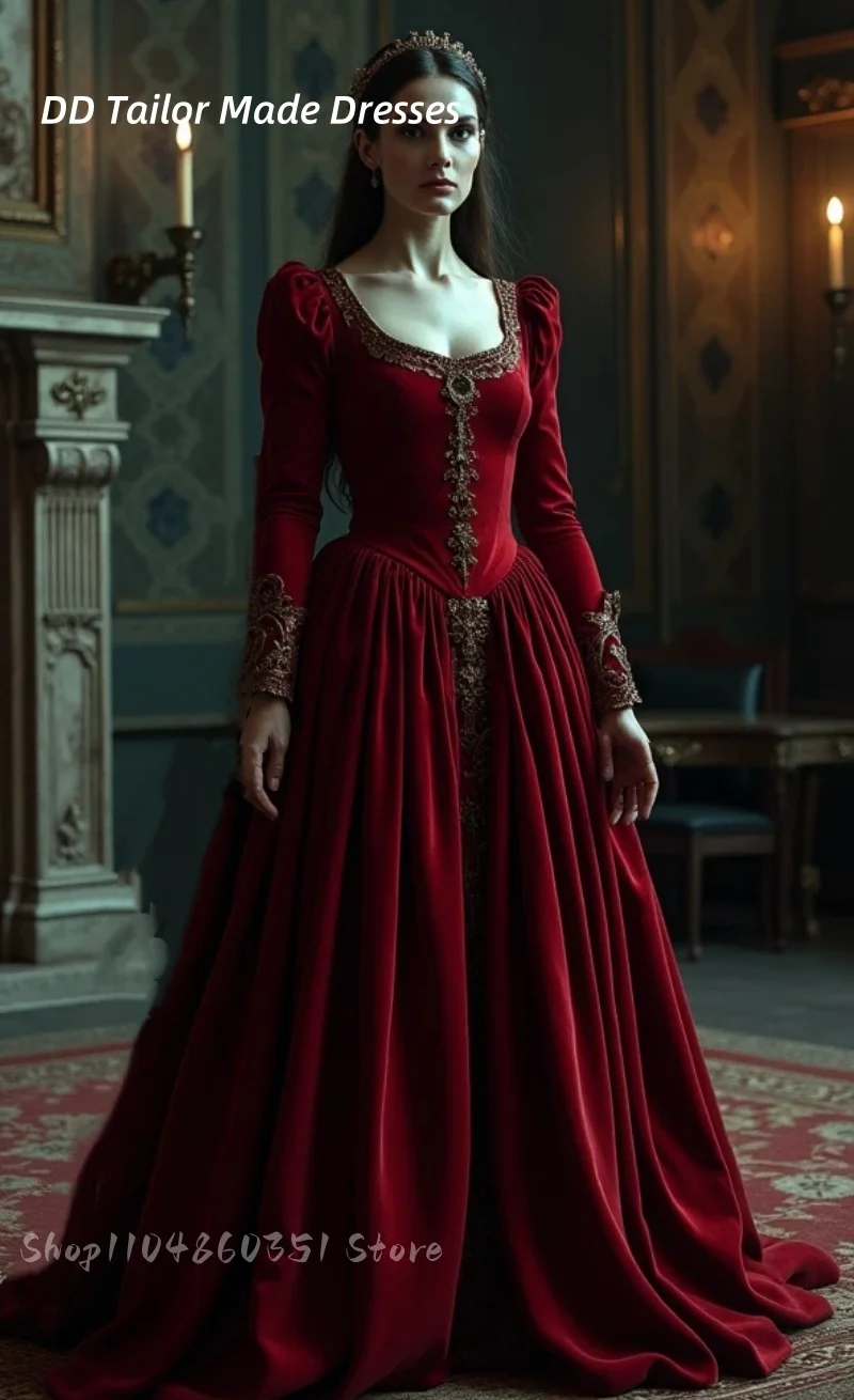 Vintage Barock Abendkleider U-Ausschnitt Lange Ärmel Satin Renaissance Abschlussball Anlass Kleid Maskerade Kostüm Maßgeschneidert