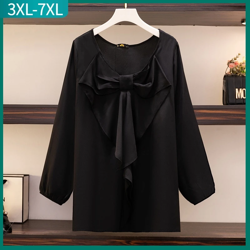 

New 2023 Spring Autumn Plus Size Tops For Women Large Size Long Sleeve Loose Bow Black Shirt 3XL 4XL 5XL 6XL 7XL