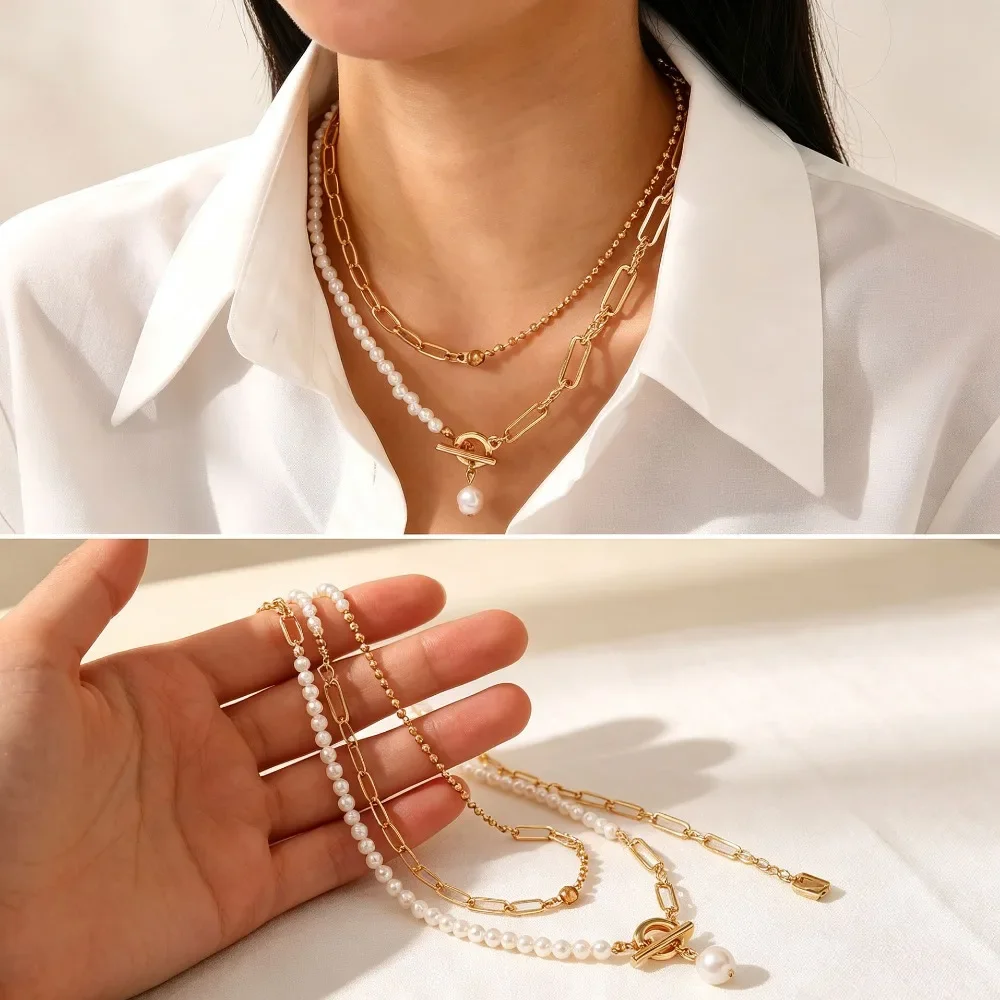Luxury Spliced Pearl Chain OT Clasp Pendant Necklace Elegant Fashion Jewelry for Women