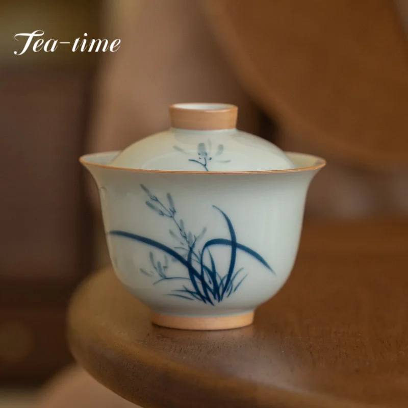 

120ml Imitation Antique Blue Gaiwan Elegant Hand-painted Orchid Tea Bowl with Lid Tea Tureen Tea Maker Cover Bowl Tableware Gift