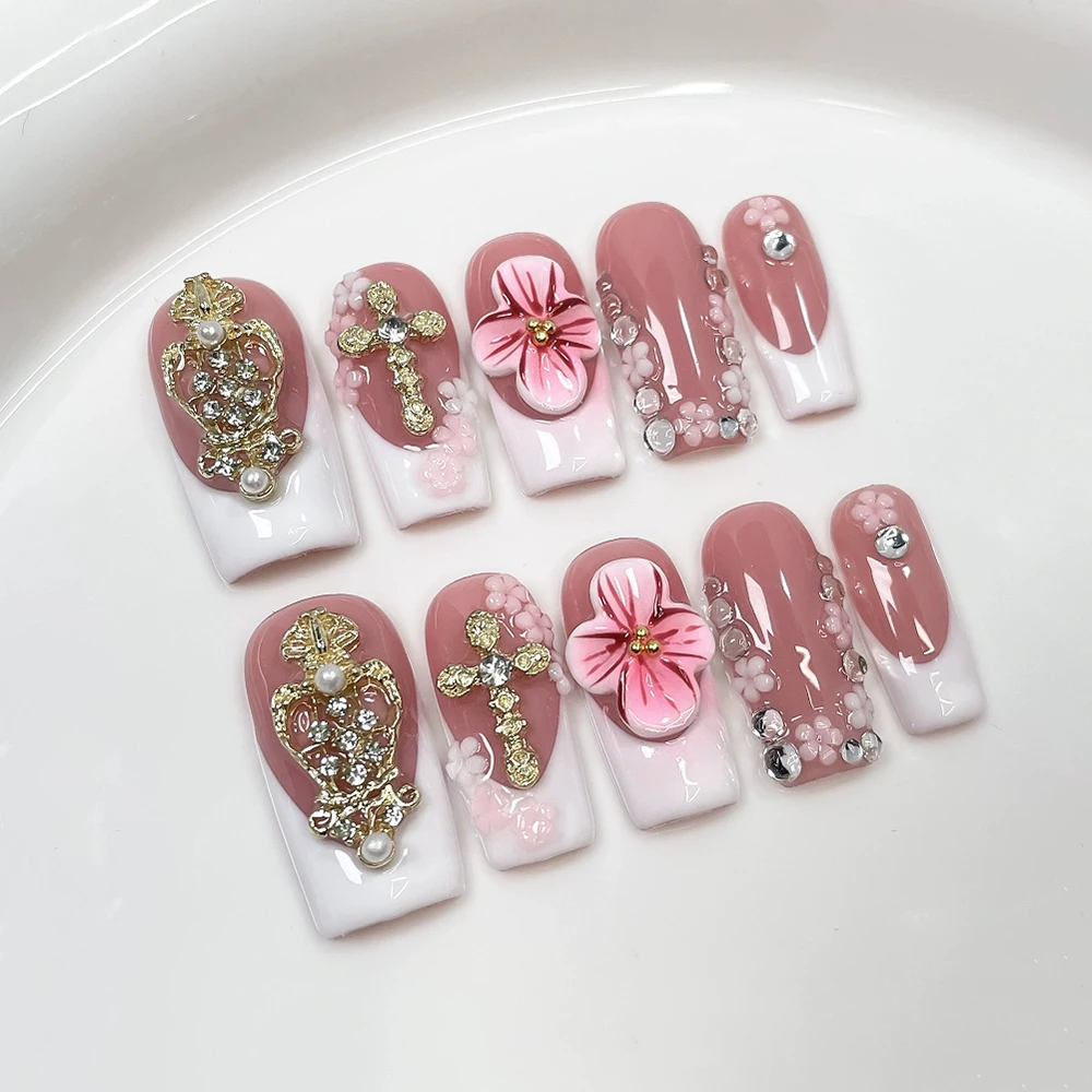 10Pcs Spice Girl Long Square Duckbill Handmade Reusable French Fake Nail 3D Flower Pearl Bowknot Butterfly Diamond Press On Nail