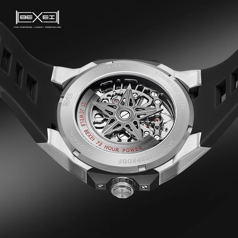 BEXEI Automatic movement mechanical men\'s watch luminous skeleton Synthetic sapphire waterproof business wrist watch news 9121