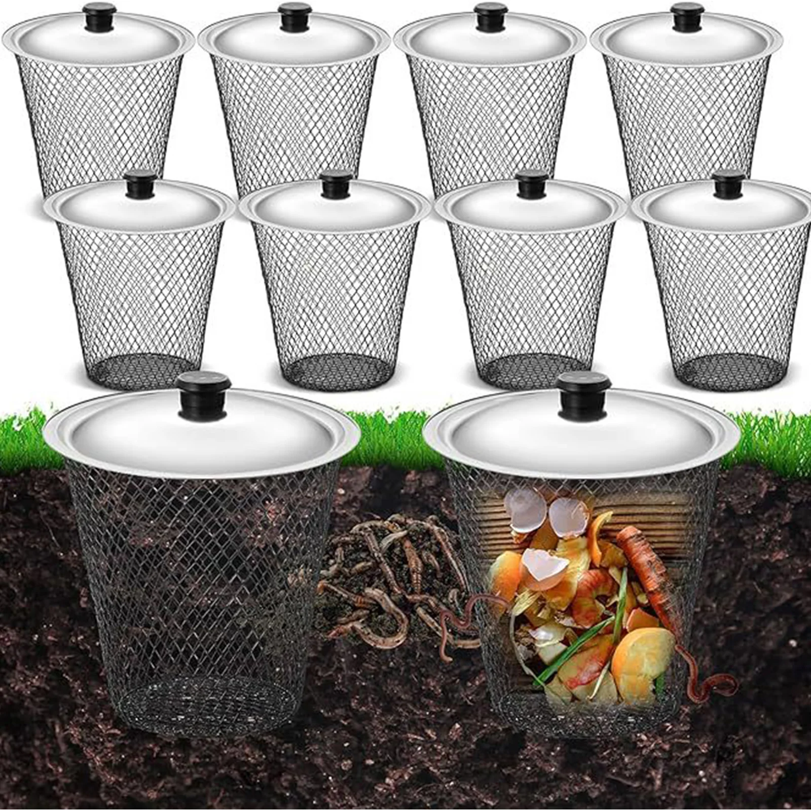 2/4 Sets Underground Compost Basket with Lid Farm Worm Vermicompost Mesh Bin Recycling Kitchen Food Waste for Fertilizer Making