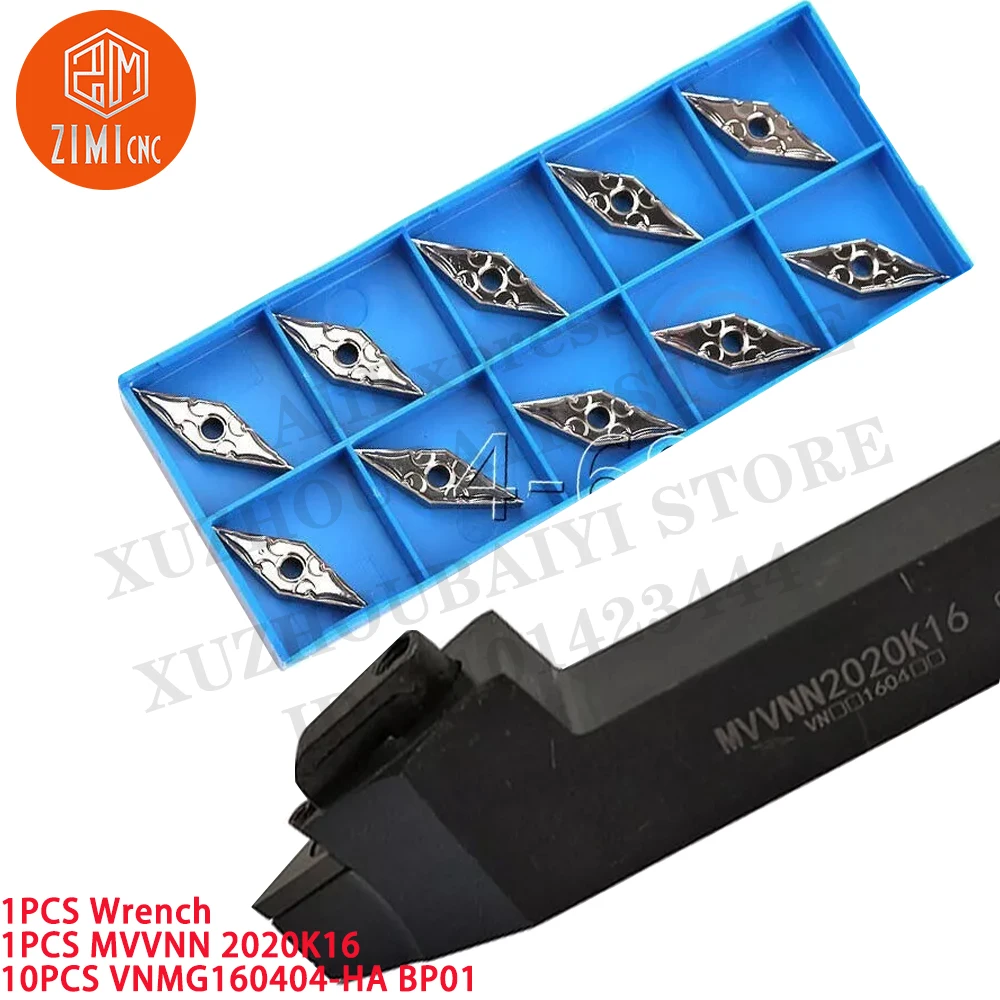 1PC MVVNN2020K16 lathe Turning Tool holder + 10PCS VNMG160404-HA BP01 Aluminum Carbide Inserts CNC metal mechanical cutting tool