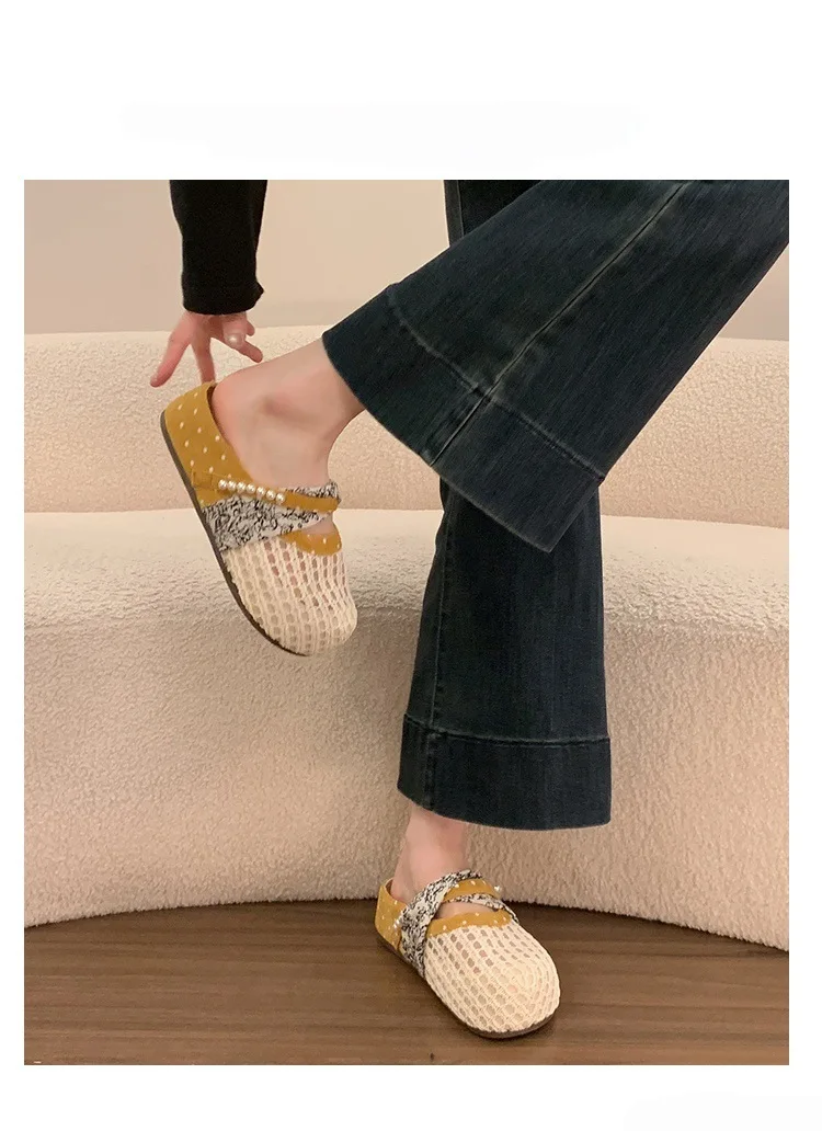 Atmungsaktive Mesh-Halbpantoffeln für Damen, Französische Polka-Dot-Perlen-Slip-On-Slides, Weiche Sohle, Geschlossene Zehenpartie, Geeignet für Breite Füße – Detail 15