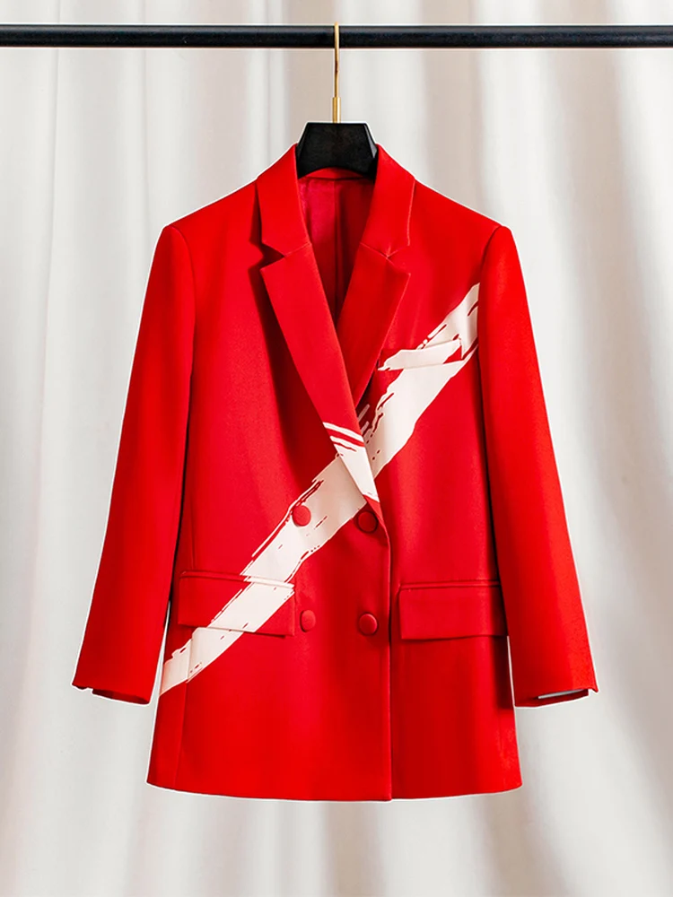 

Ladies' Oversized Red Suit Jacket Spring Autumn Shoulder Pads Double Row Buttons Western Style Split Commute Style Loose Fit