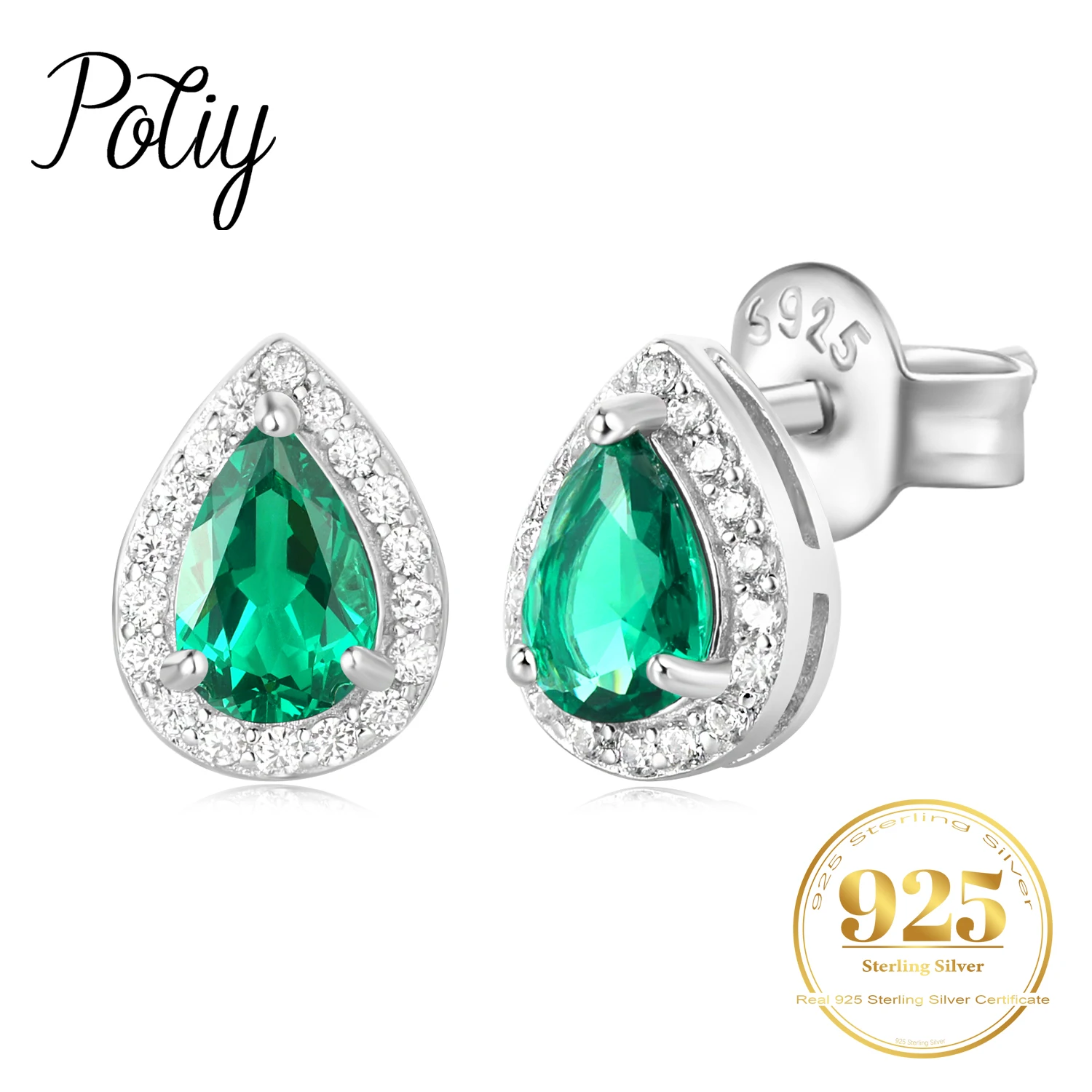 

Potiy Pear Simulated Nano Emerald 925 Sterling Silver Stud Earrings for Women Gemstones Statement Jewelry valentines day gift