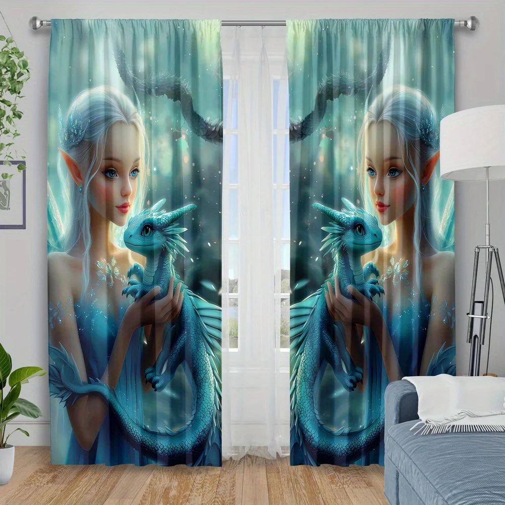 Fantasy Elf Girl Curtains, Blue Dragon Print Drapes, Magical Window Treatment for Kids Bedroom Decor, Fairy Tale Style Blackout