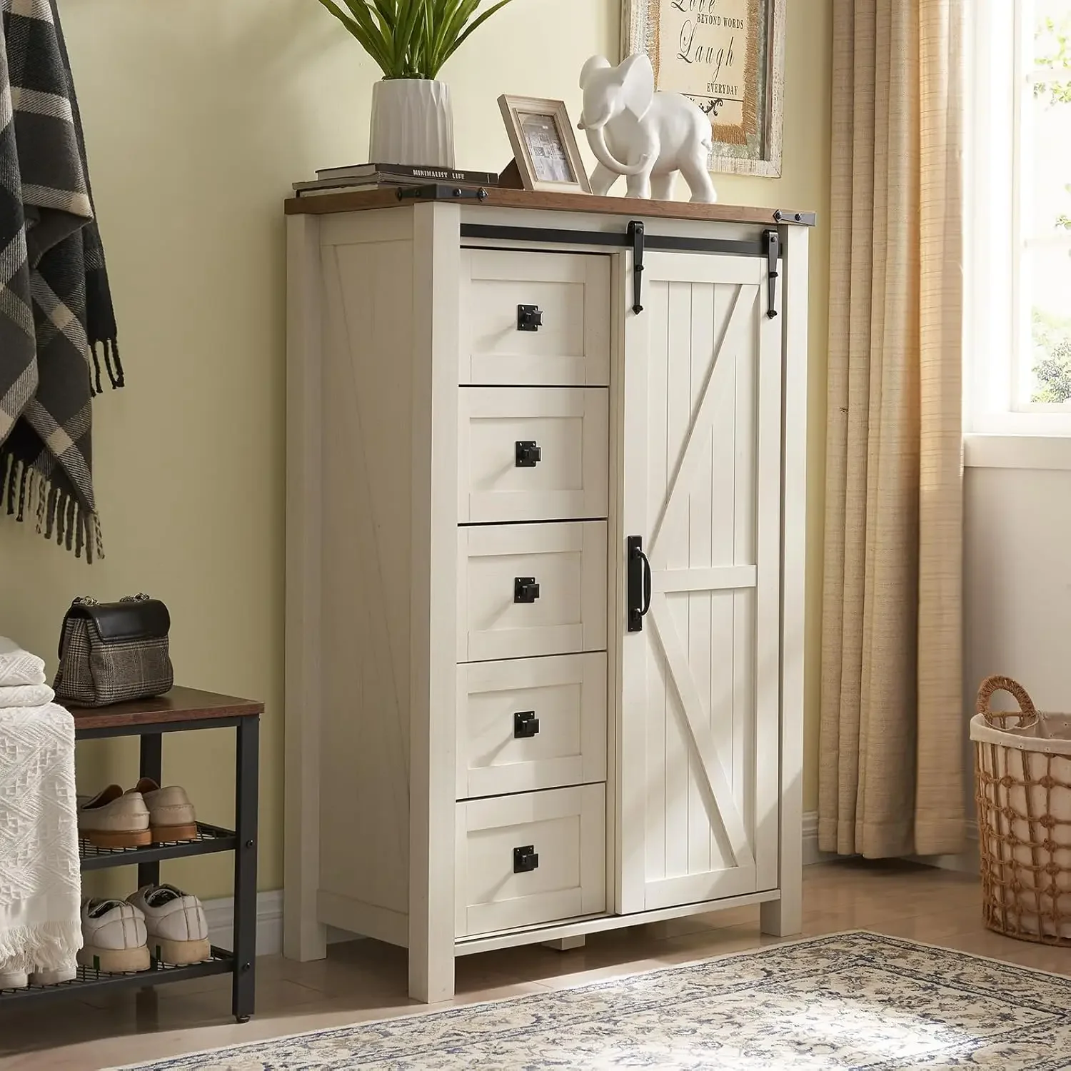 5 Drawers Dresser for Bedroom w/Sliding Barn Door, Farmhouse Modern Tall Dresser 5 Chest of Drawers, Storage Organizer D