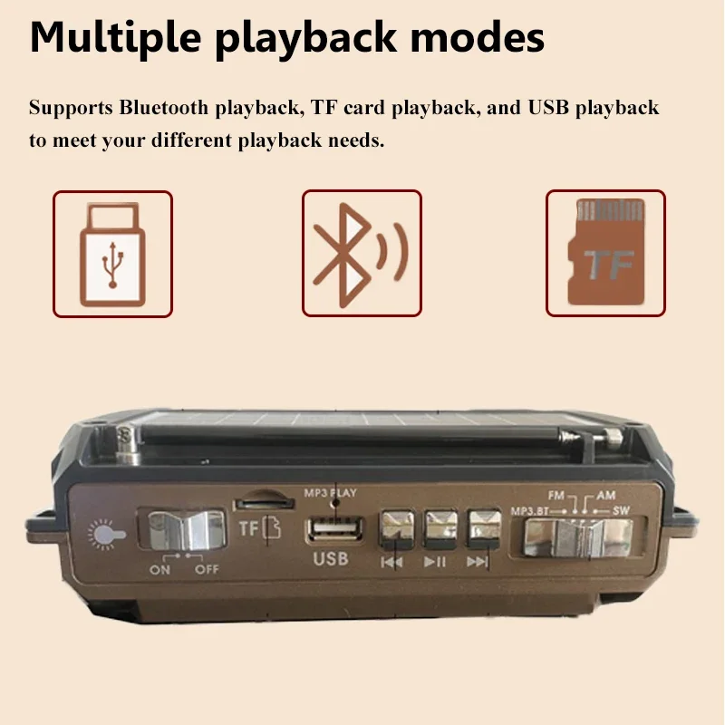 راديو FM AM SW محمول عالي الحساسية ، شحن شمسي ، جهاز استقبال للطوارئ ، كرنك يدوي ، مكبر صوت بلوتوث ، مشغل موسيقى ، جهاز صوت AUX