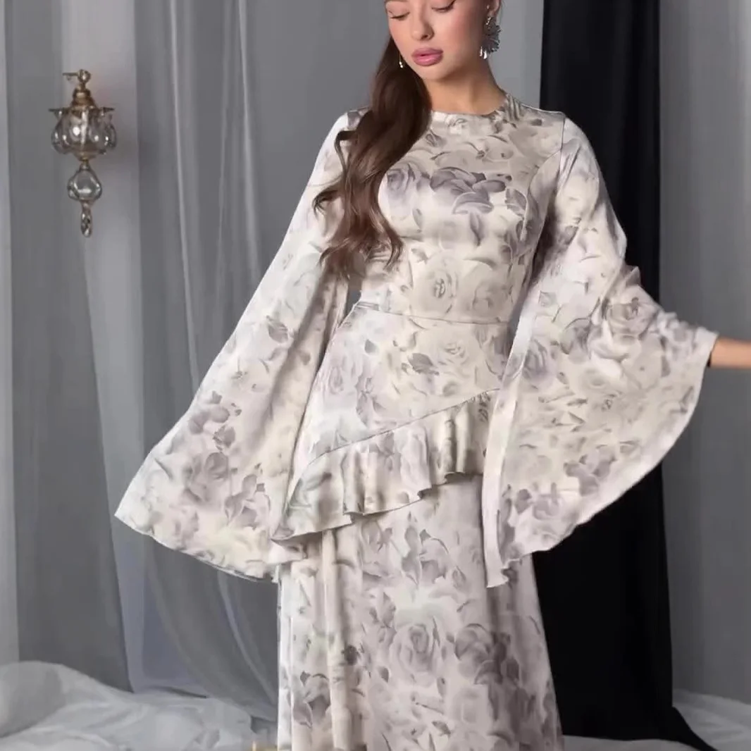 Luz de luxo mangas largas em torno do pescoço elegante moda criativa impresso design vestidos elegante vestido de baile senhora magro ajuste vestido