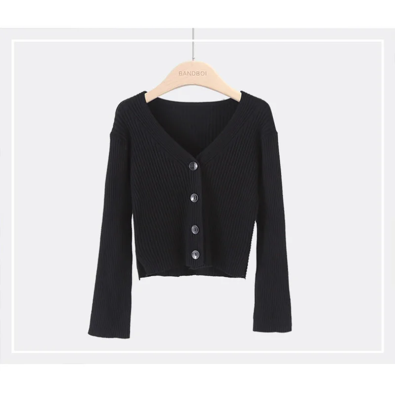 

Кардиган из пряжи, осенняя одежда для женщин, универсальный короткий однотонный свитер с длинными рукавами, ленивый вязаный свитер в полоску