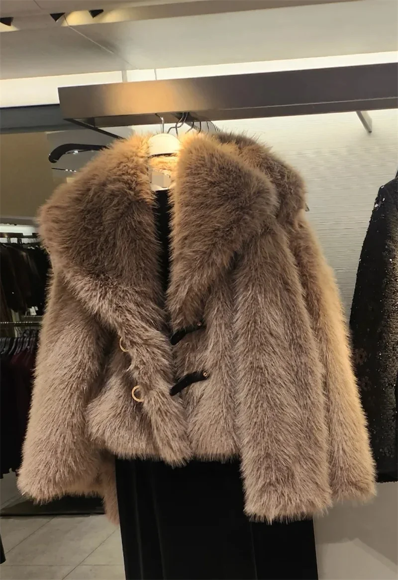 Women's Jacket 2025 Autumn/Winter New Style Solid Color Long Sleeve Faux Fur Effect Short Warm Jacket High-End Fashion Personal