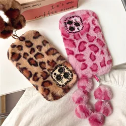 Korean Luxury Leopard Print Bracelet Fluffy Plush Case For iphone 16pro max Case for iphone15pro max Cover 14 13 11pro max Cover