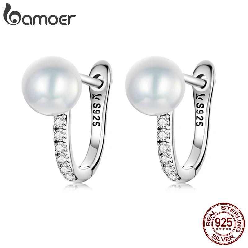 bamoer Luxury 925 Sterling Silver Pearls Ear Buckle Simple Crystal Heart Star Stud Earrings for Women Wedding Jewelry Gift