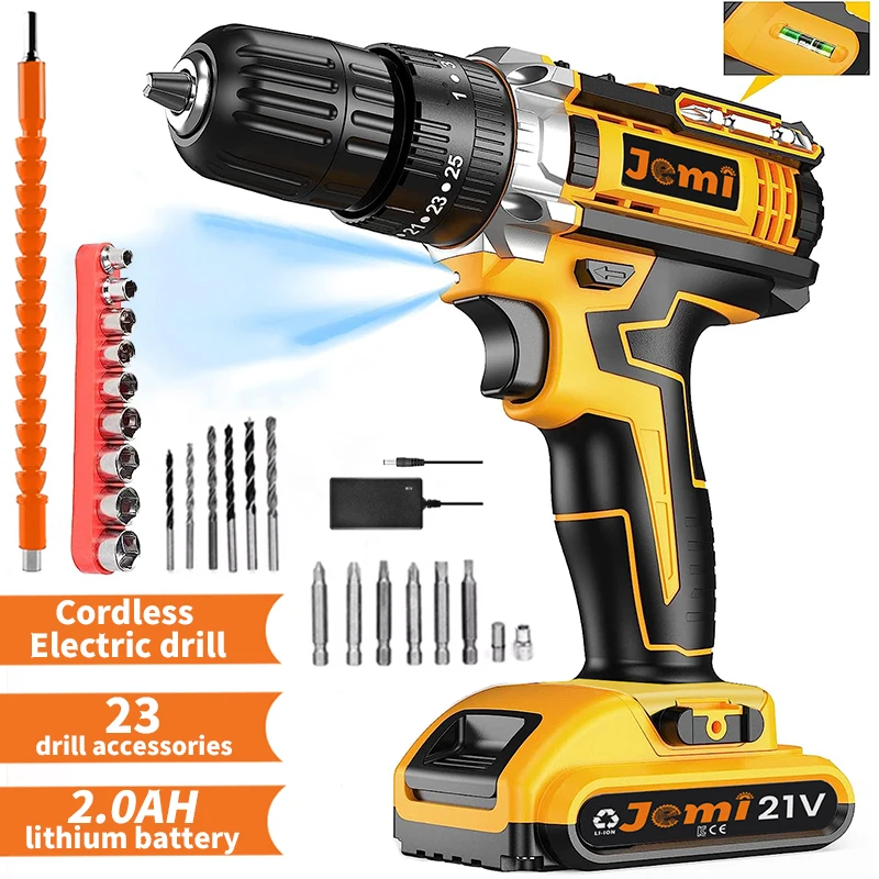 21V Cordless Drill Set, 23 Pieces Drill with 3/8