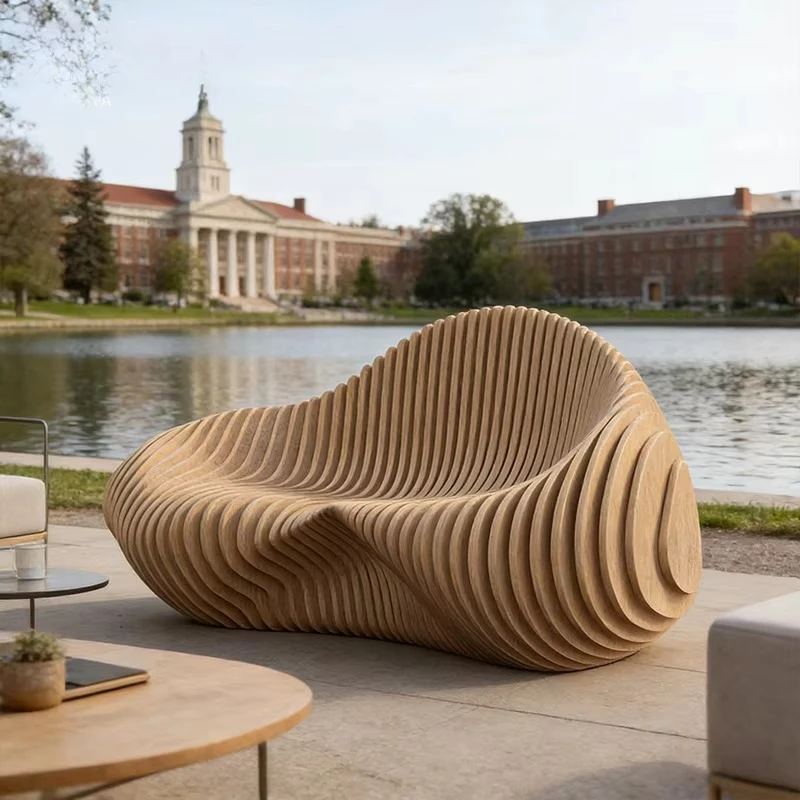 Custom Modern Outdoor Wooden Public Area Seat Durable Parametric Sold Wood Bench for Villa Garden Vacation Resort Hotel Decor