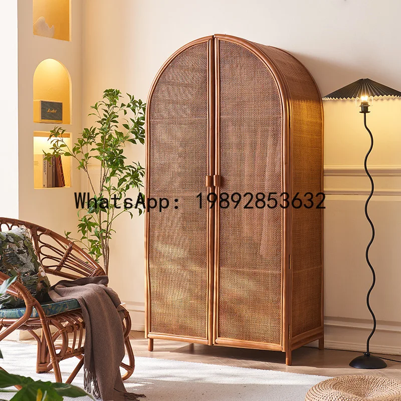ZK New Chinese Style Rattan Wardrobe Flat Open Double Door Bedroom Storage Cabinet Homestay Vintage Style Breathable Full Rattan