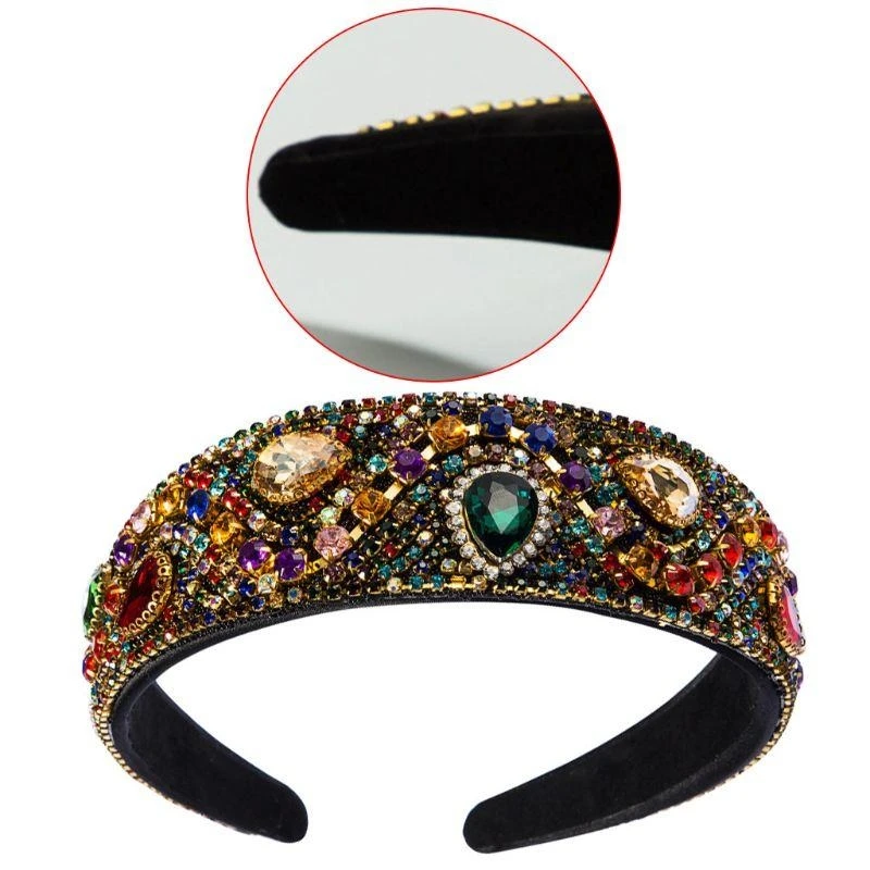 F92D Baroque Luxury Colorful for Rhinestone Bandana Water Drop Faux Crystal Inlaid Wide Hair Hoop Wavy Metal Chain
