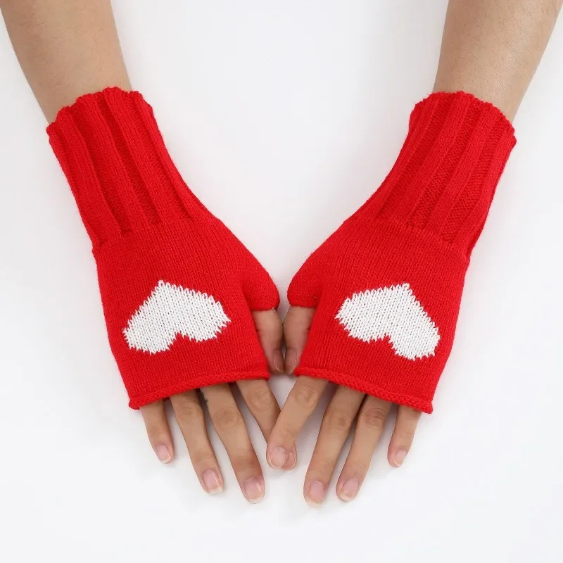 Knit Fingerless Gloves Sleeves Soft Ribbed Half-Finger Arm Warmers for Women Y2K Love Heart Cute Winter Hand & Wrist Warmers