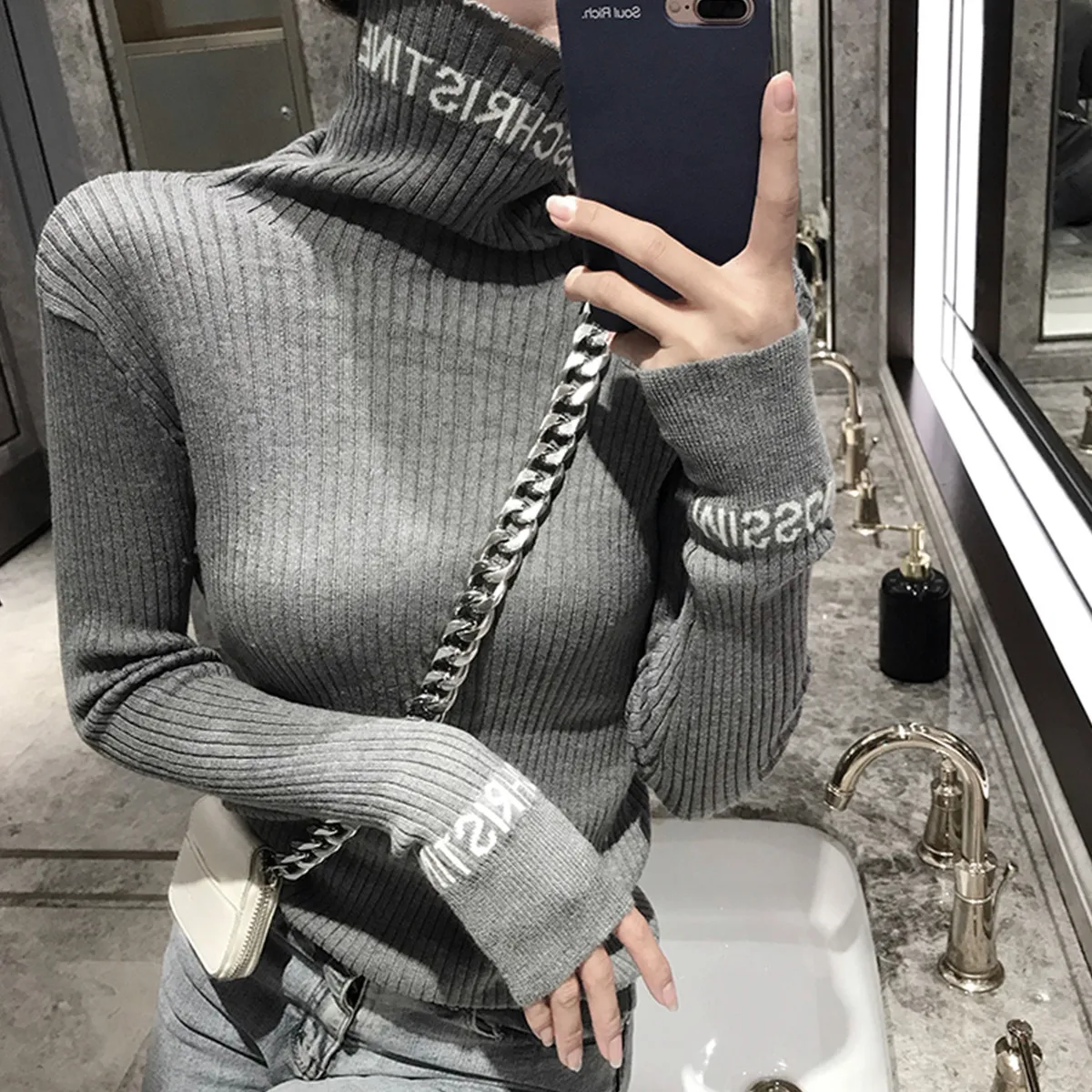 Vrouwen Koreaanse Mode Brief Hoge Kraag Basic Geribbelde Gebreide Trui Herfst Winter Vrouwelijke Elegante Lange Mouw Slanke Trui Tops