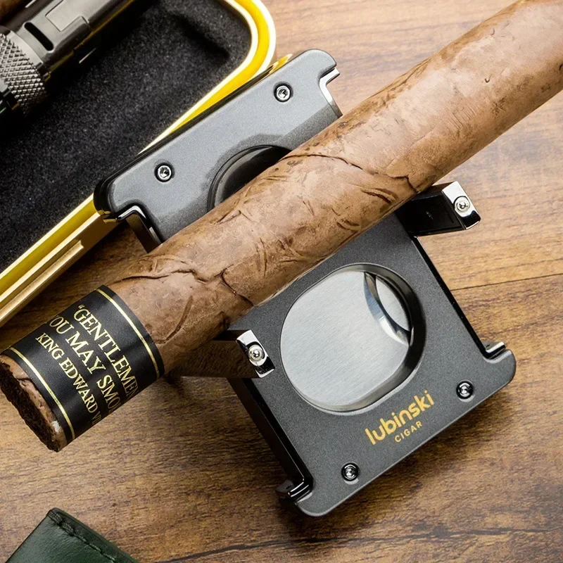For LUBINSKI Cigar Cutter Portable Multi-functional V Shears To Cut Holes with Protective Leather Case Gift Box Folding Stand