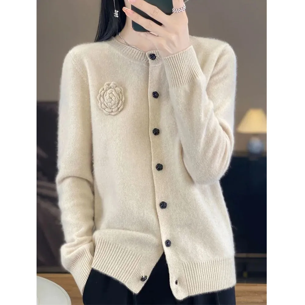 

Green Cardigan Women's Autumn/Winter O-Neck Three-Dimensional Embroidered Coat Sweater Long Sleeve Jacket Knitted Cashmere To