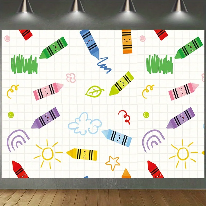 1 Crayon Art-Hintergrundstoff – Polyester-Fotografie-Hintergrund, geeignet für den Schulanfang, Kindergarten, Klassenzimmerparty, Graduat