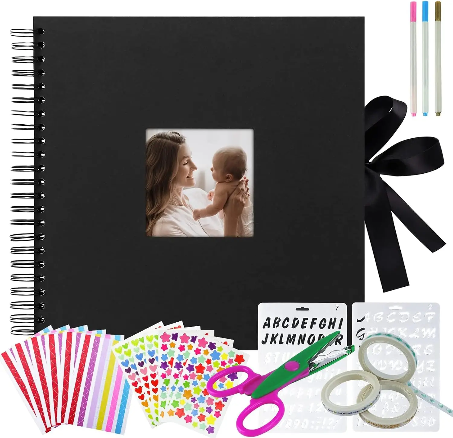 

Scrapbook Photo Album with Corner Stickers 12x12 inches DIY with Cover Photo Pocket 80 Pages Silk Ribbon Hardcover Album