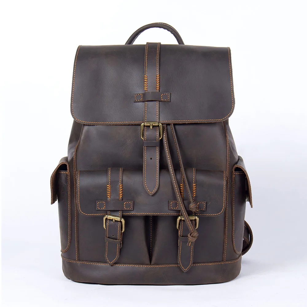 S.WORKER Vintage Echtleder-Rucksack für Herren, Reise-Vintage-Crazy-Horse-Schultasche, Große Laptop-Schultertasche aus Rindsleder für Männer – Detail 7