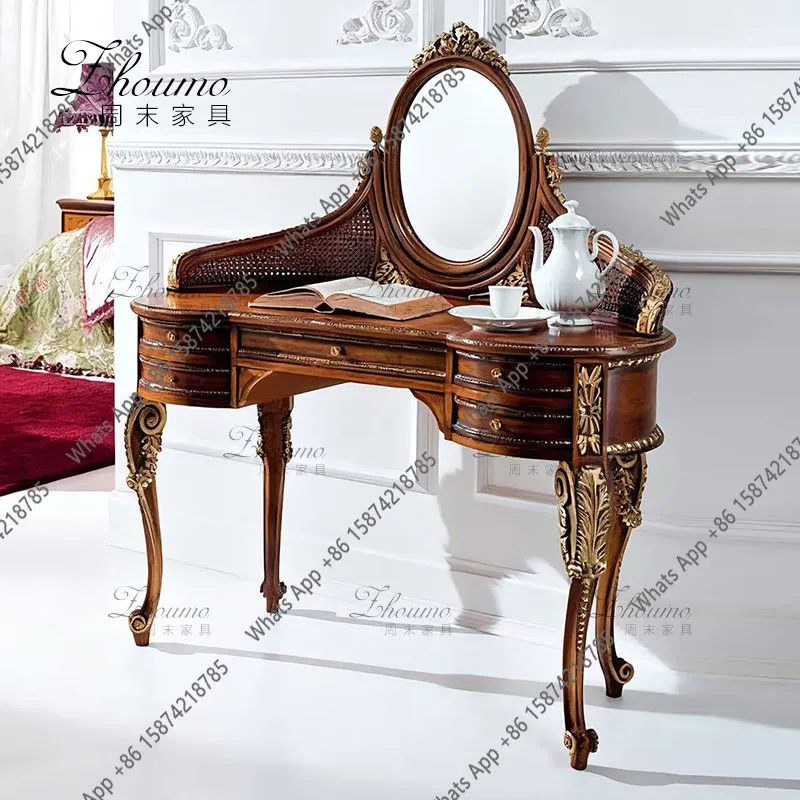 

American carved light luxury simple table and chair combination dresser French medieval style old makeup table