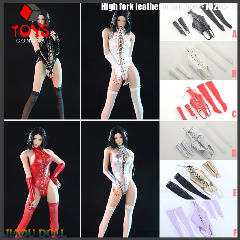 

JO22X-14 1/6 Female High Fork One-piece Leather Coat Gloves Stockings Set Soldier Clothes Model Fit 12'' Action Figure Body Doll