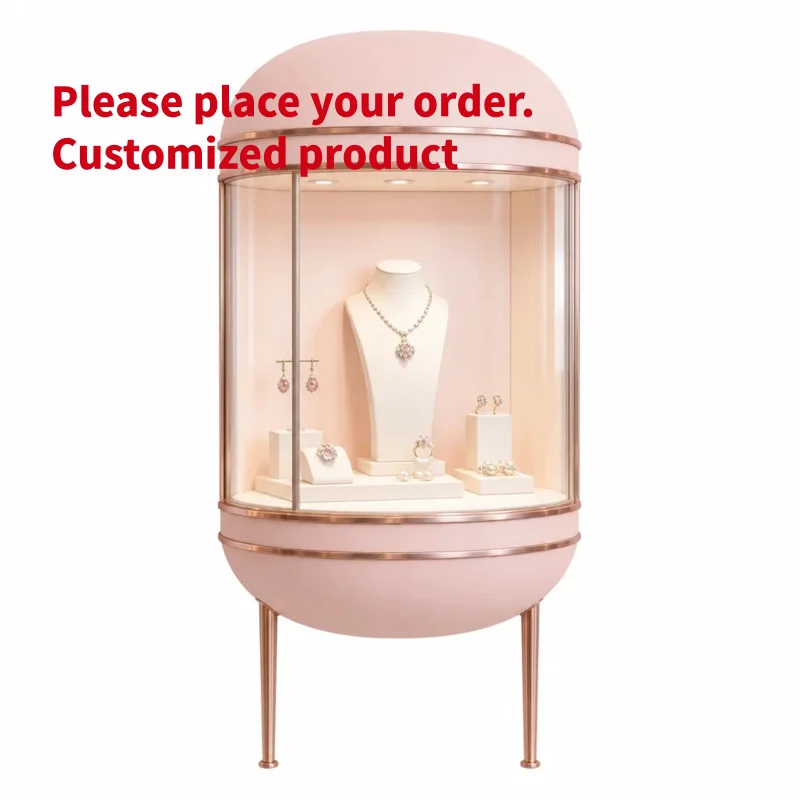 custom.Wall Mounted Curved Jewelry Display Cabinet Acrylic Dome LED Lighting Rose Gold Frame Jewelry Store